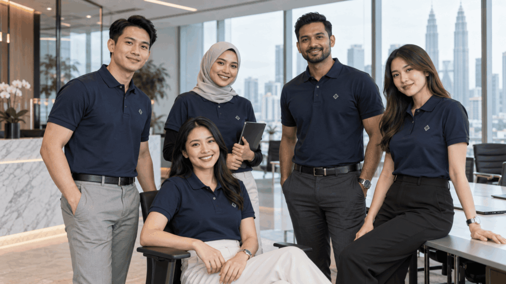 Corporate Polo Shirt Embroidery Selangor: Quotation Guide Corporate team wearing embroidered polo shirts in Selangor, Kuala Lumpur and Klang Valley