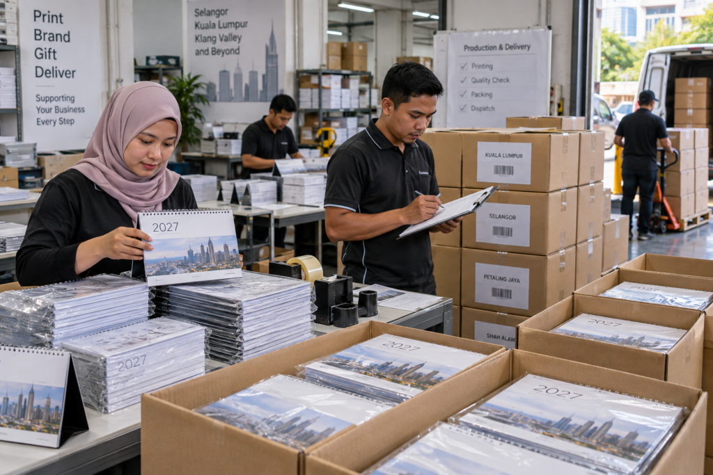 Bulk custom calendars packed and labelled for business delivery to Selangor