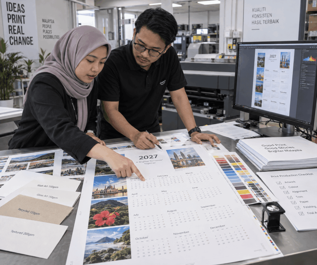 Designer checking calendar artwork, date grids and print proof before production